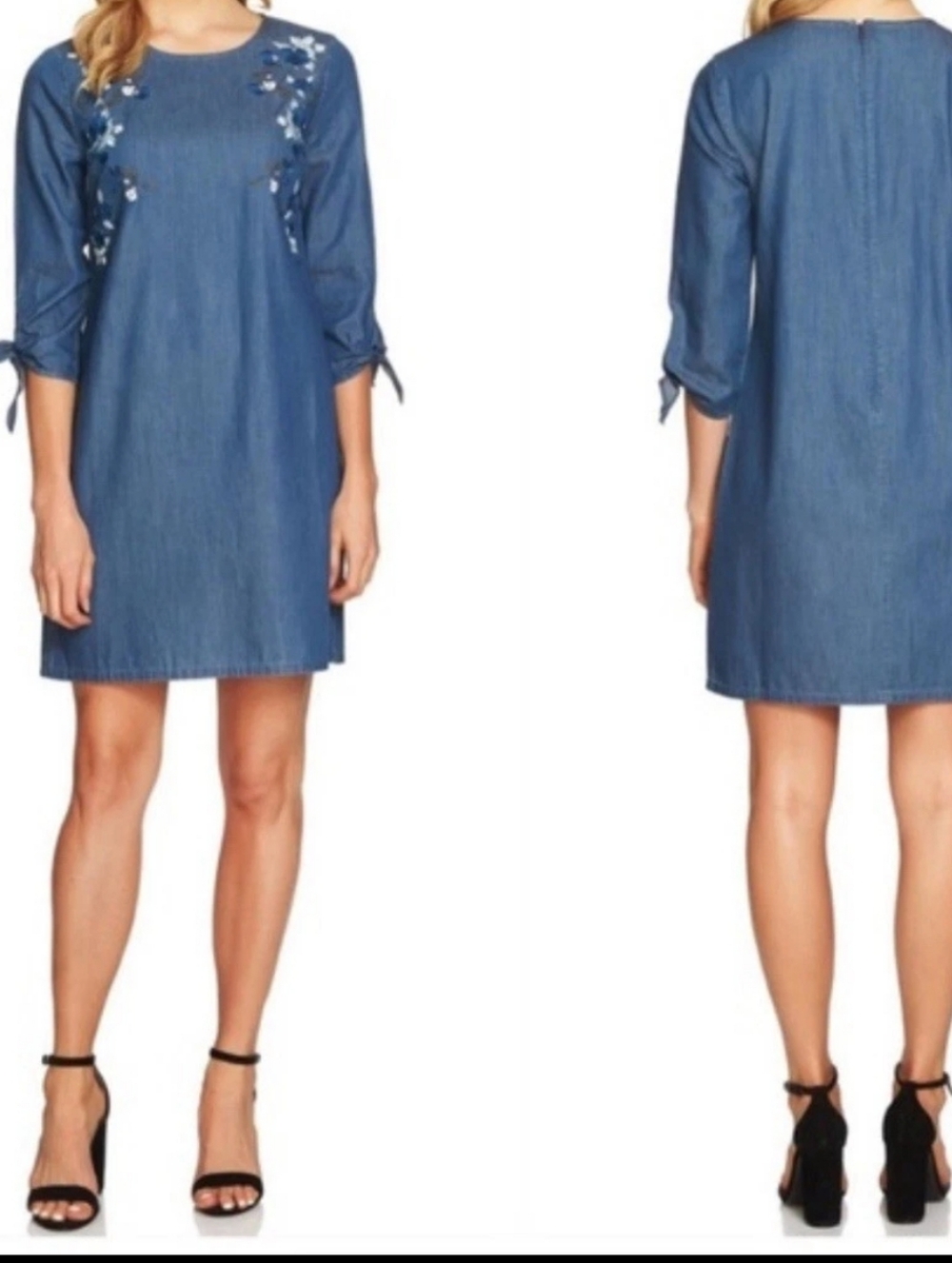CECE Cotton Chambray Floral Embroidered Shift Dress Boho Summer Sz 12